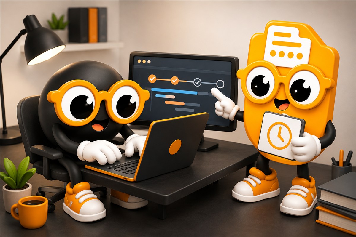The NoobLyf mascot coding at a laptop while the ClockTrail mascot tracks the build schedule beside it